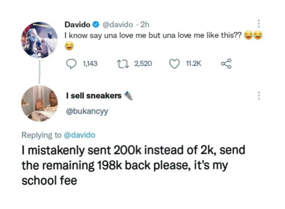 Twitter User Asks For Refund After Sending Davido N200000 Mistakenly