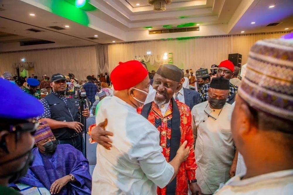 PHOTOS: Gov Uzodinma And Okorocha Shelve Political Differences As They Hug At An Event