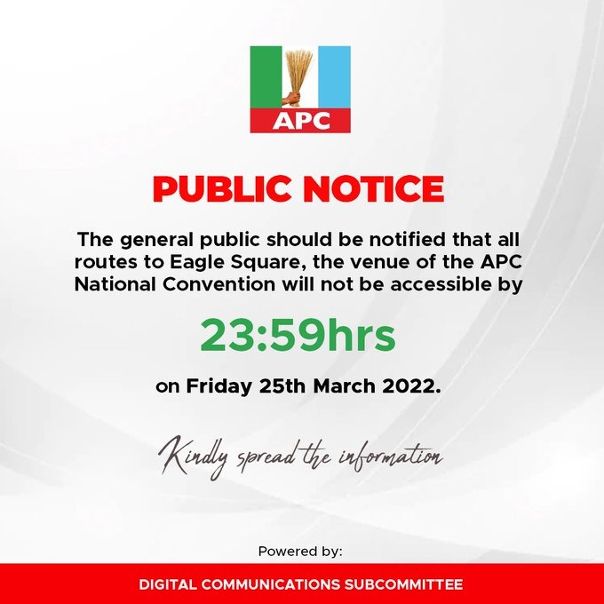 All Routes To Eagle Square To Be Closed For APC National Convention