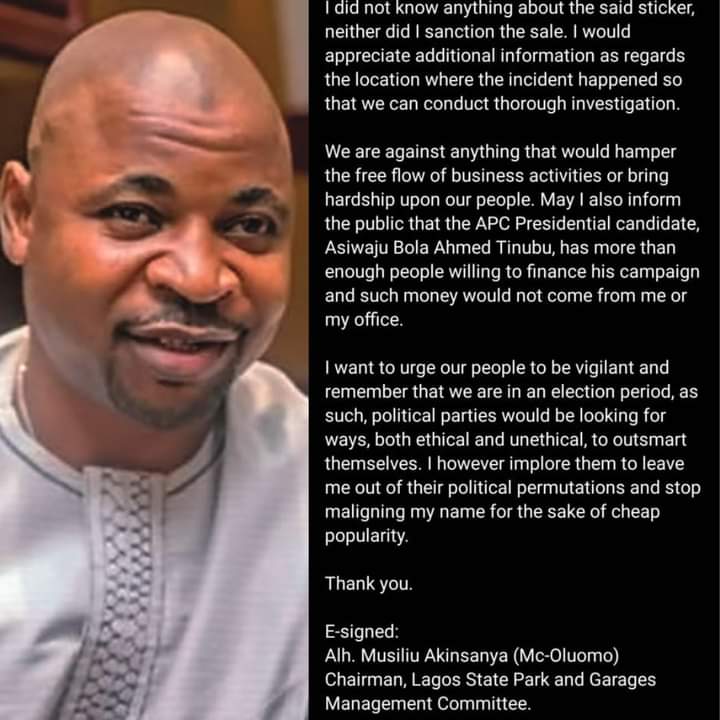MC Oluomo Distances Self From Tinubu Stickers Imposed On Motorists