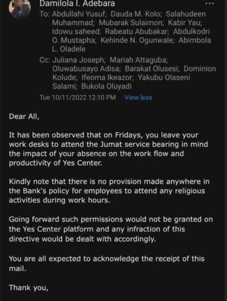 Reactions Trail Bank’s Mail Banning Muslim Staff From Observing Jumu'ah Prayers