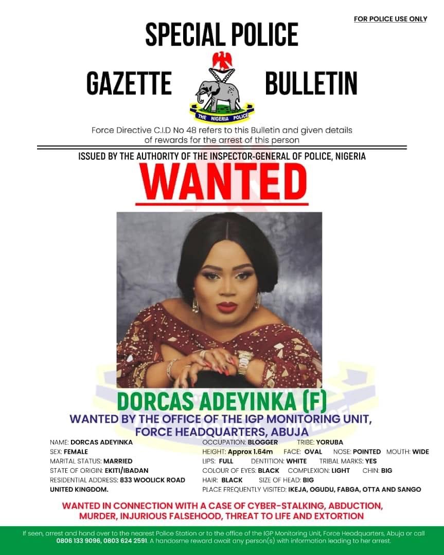 UK-based Blogger Dorcas Adeyinka Declared Wanted