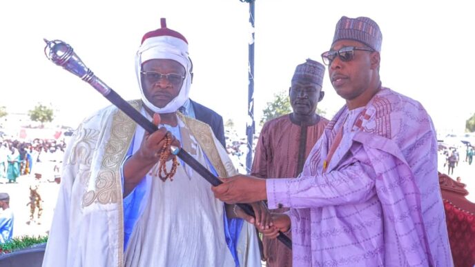 Mammoth Crowd As Gov Zulum Presents Staff Of Office To Shehu Of Dikwa